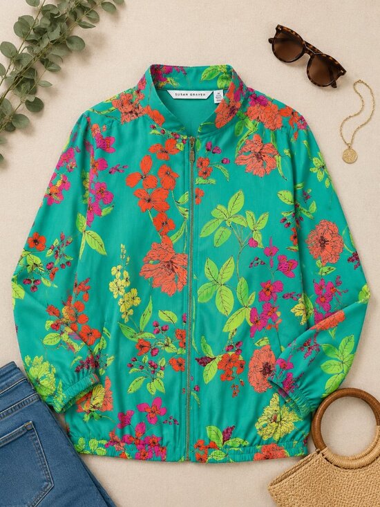 Susan Graver Jackets & Blazers - Susan Graver Floral Zip Front Jacket 1X Green Tropical Lightweight Blazer